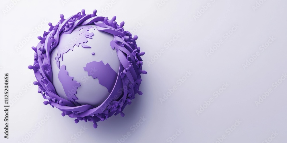 Poster global unity conceptual 3d render: humanity encircling the earth