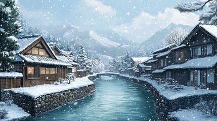 Fototapeta premium Serene Snowy Japanese Village with Flowing River in Anime Style AI generated illustration