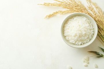 Bowl of White Rice with Paddy Ears on Light Background AI generated illustration