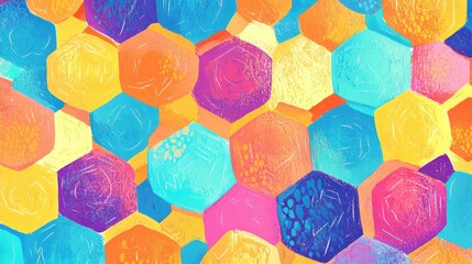 Vibrant abstract pattern of textured hexagons in lively hues of blue, yellow, pink, and orange, creating a playful geometric composition. AI generative.