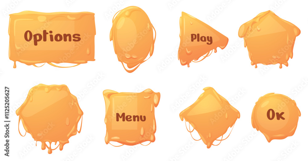Poster cheese buttons. melting cheddar emmental gouda ui design elements. game or web page bars. tasty sauc