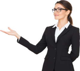 professional woman in suit presenting with welcoming gesture