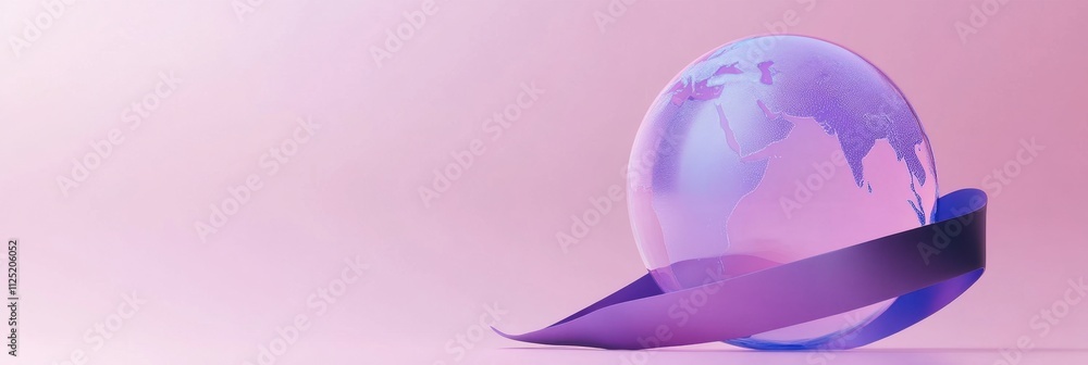Aufkleber global awareness and support: a 3d render of earth with a purple ribbon symbolizing unity and global