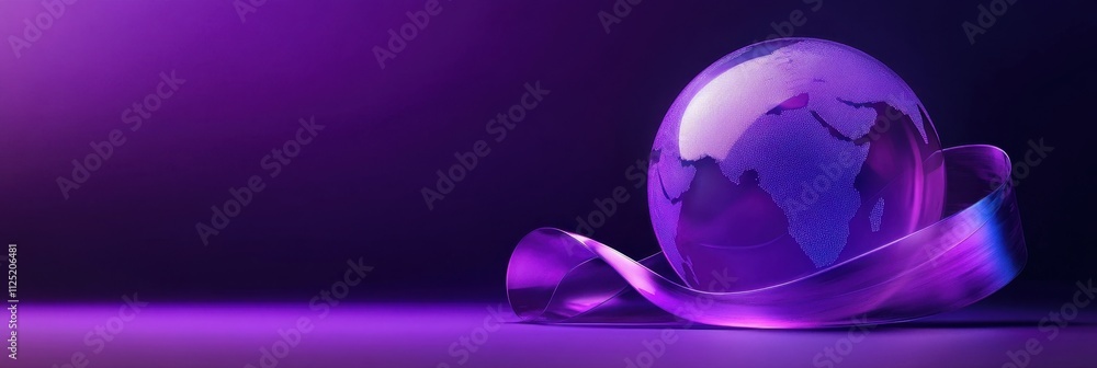 Poster glass globe enveloped in purple ribbon: a digital art representation of global connection and unity