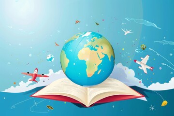 A vibrant illustration showcases a globe shaped like a book symbolizing the joy of reading and learning.