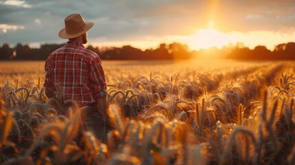 Fototapeta premium A farmer stands in a wheat field and watches the sunset.