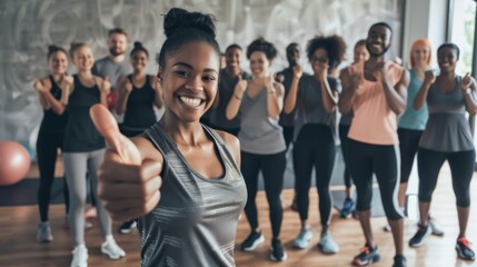 A young woman in sportswear joyfully gives a thumbs up with a diverse group of friends after completing a lively exercise class in a vibrant gym environment.