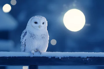 A serene snowy owl perched gracefully under a bright moonlight in a winter landscape.