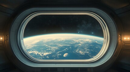 Fototapeta premium Spaceship window view of Earth and moon.