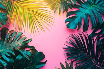 Colorful Tropical Palm Leaves on Pink Background AI generated illustration