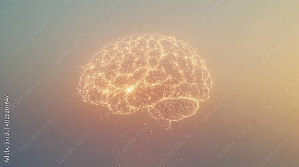 Poster A luminous brain composed of tiny, connected light points and lines creates a striking visual, featuring blank area for added text. Generative AI