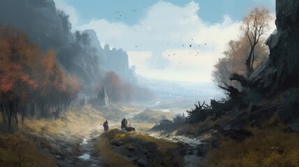 Fantasy epic magic landscape. Mystical valley. Rural nature background.