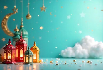 Obraz premium Ramadan Mubarak with Colorful Lanterns, Crescent Moon, Stars, and Clouds