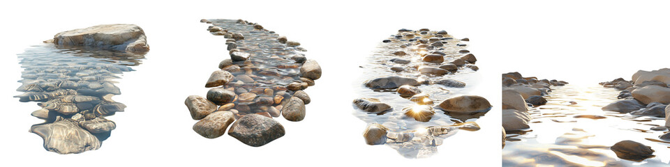 Set of sunlight reflecting off a shallow river with visible stones beneath isolated on transparent background