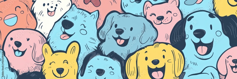Aufkleber a colorful doodle showcases various dog faces displaying joy, curiosity, and playfulness, with ample