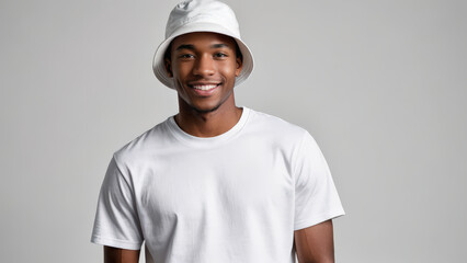 Young black man wearing white t-shirt and white bucket hat isolated on grey background