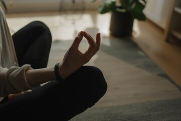 A woman sits in a lotus pose her hands gently resting in a meditative gesture. Surrounded by a serene living room she focuses on her breath embracing tranquility and mindfulness.