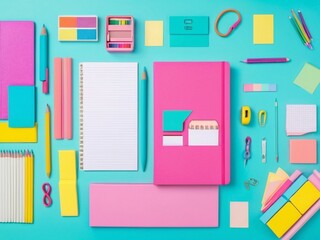 Ideas creativity thoughts with the flat lay of colorful stationery on a white background return to school modern mock up of business