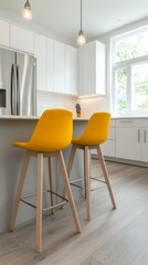 Modern Minimalist Kitchen with Grey Wood Flooring, White Cabinets, and Yellow Barstools