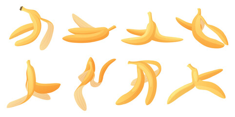 Cartoon banana peels. Isolated fruit peel various shapes, organic waste. Slippery garbage for comic accident fall down. Nowaday vector elements
