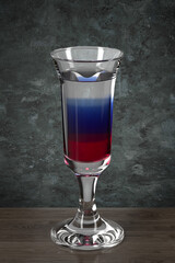 Multi-layered liquor on the wooden table against the wall in grunge style. Bar theme. Dark environment. Pousse cafe glass. 3d rendering.