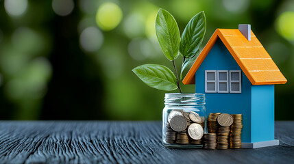 A miniature house with a bright orange roof sits next to a jar filled with coins and a green plant, symbolizing growth and investment in real estate.