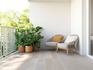 Modern High-End Apartment Balcony Oasis with Cozy Seating Area and Vibrant Potted Plants