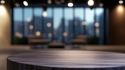 This setting showcases a contemporary television studio designed for interviews, featuring advanced media technology and a blurred cityscape. Generative AI