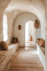 Modern house entryway and hall with arching walls with a bohemian, Mediterranean interior design. Generative Ai