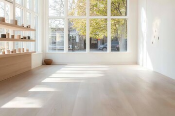 Modern Boutique with Vibrant Displays and Grey Wood Flooring