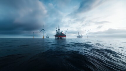 Offshore energy platforms surrounded by wind turbines on a cloudy day