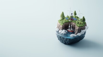 Floating island with wind turbines, solar panels, and hidden ship below the cliff