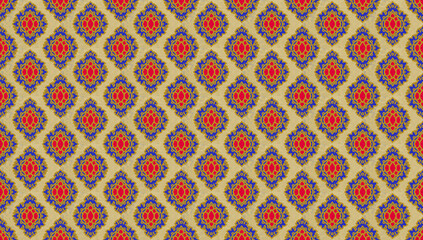 A traditional diamond-shaped pattern in warm tones of yellow, blue, and red. The arrangement is precise and geometric, evoking classic ethnic textile designs with a regal yet cozy aesthetic.