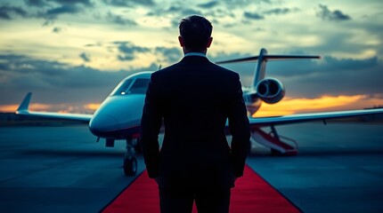 modern business executive in suit stands on red carpet, facing private jet. 