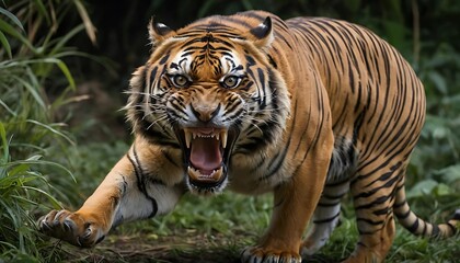 Fototapeta premium tiger with an open mouth, roaring, in a jungle