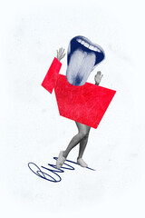 Vertical photo collage of anonym girl mocking instead head mouth show tongue rude bullying childish...