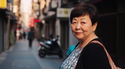 Woman is standing on a sidewalk in front of a building