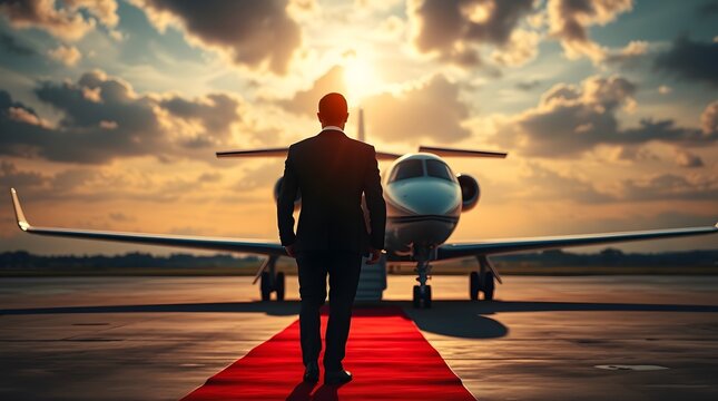 modern business executive in suit stands on red carpet, facing private jet.  - Powered by Adobe
