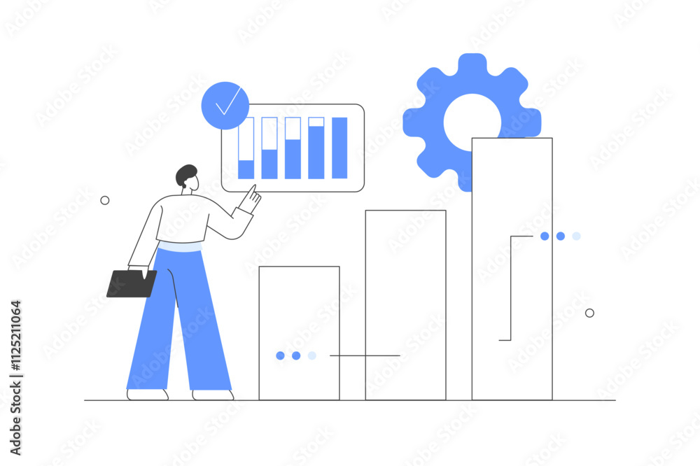 Poster character analyzing graphs and diagrams. planning business strategy and managing data and finance. d