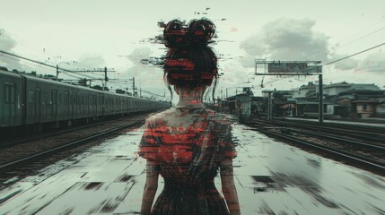Fototapeta premium Distorted woman stands, train tracks background.