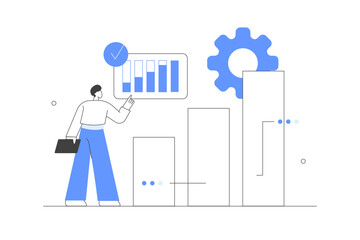 Character analyzing graphs and diagrams. Planning business strategy and managing data and finance. Data analysis concept. Flat Cartoon Vector Illustration, icon. Stylish abstract