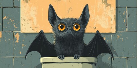 Illustration of a charming and wide-eyed cartoon bat perched inside a bucket against a rustic brick wall backdrop with chipped paint, evoking a whimsical and endearing atmosphere.