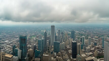 Urban Enigma Muted Skyline Mosaic of Grey Skyscrapers and Lush Green Patches - Aerial Cityscape View Reflecting Melancholic Grandeur
