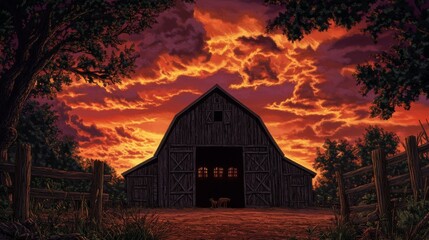 Tranquil Sunset Scene with Dark Wooden Barn and Vibrant Sky Rural Landscape Digital Painting with Symmetrical Composition and Melancholic Atmosphere