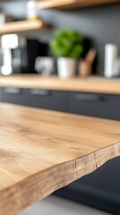 Eco-Friendly Modern Kitchen - Close-Up of Recycled Wood Dining Table with Natural Grain Texture and Blurred Appliances in Background