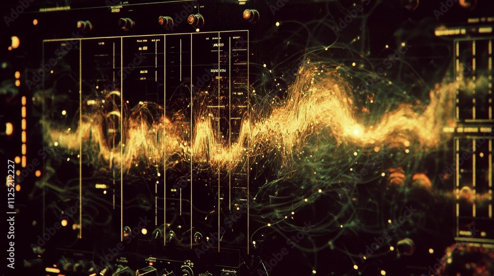 Poster glowing wave data on dark control panel.