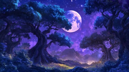 Mystical Moonlit Forest Enchanting Night Scene with Ancient Trees, Luminous Moon and Ethereal Colors in Digital Fantasy Painting