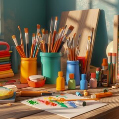Colorful Art Supplies on Wooden Desk in Sunlight