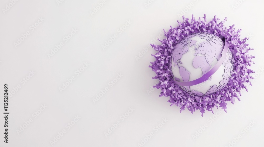 Poster global unity and connection: a 3d render of the world encircled by people and a ribbon, symbolizing 