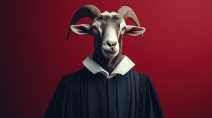 A Goat Wearing A Judges Robe Against A Red Background